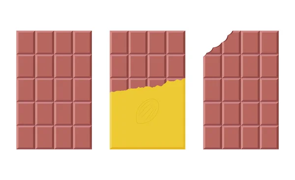 Set melkchocoladerepen in een open verpakking op witte achtergrond. Platte vectorillustratie — Stockvector