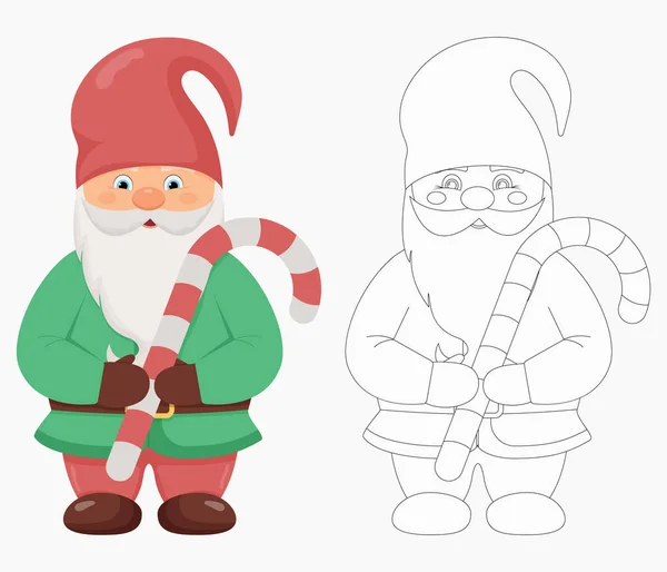 Mignon petit gnome avec une canne à bonbons dans ses mains. Caractère Noël et Nouvel An. Gnome en couleur et contour — Image vectorielle