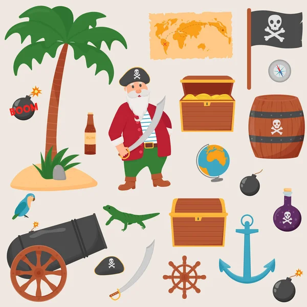 Bundle pirate set isolated on white background. Bundle pirate, treasure map, rum, ship wheel, anchor, barrel, bomb — Stock Vector