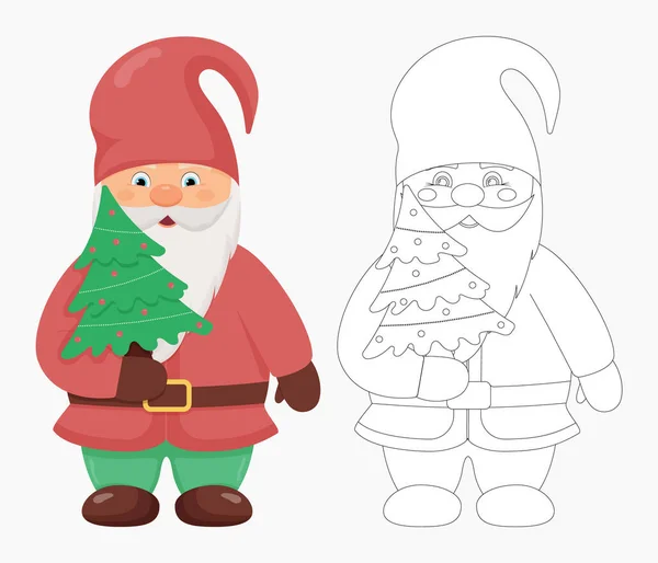 Mignon petit gnome avec un sapin de Noël à la main. Caractère Noël et Nouvel An. Gnome en couleur et contour — Image vectorielle