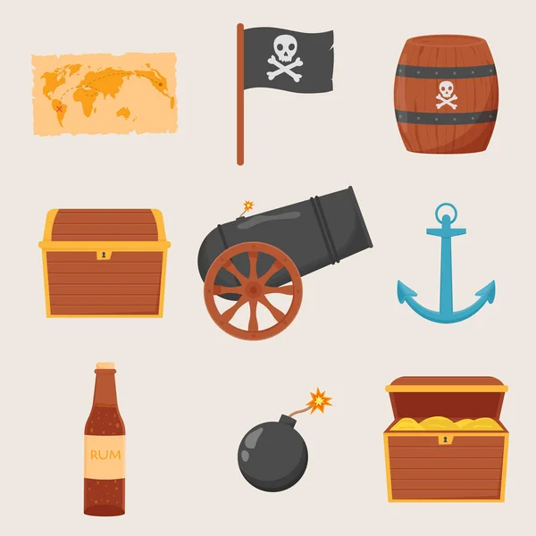 包扎海盗设置隔离的白色背景。包扎海盗、藏宝图、朗姆酒、船轮、锚、桶、炸弹 — 图库矢量图片