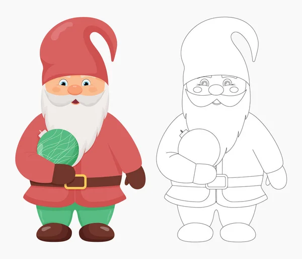 Mignon petit gnome avec une boule de Noël dans les mains. Caractère Noël et Nouvel An. Gnome en couleur et contour — Image vectorielle