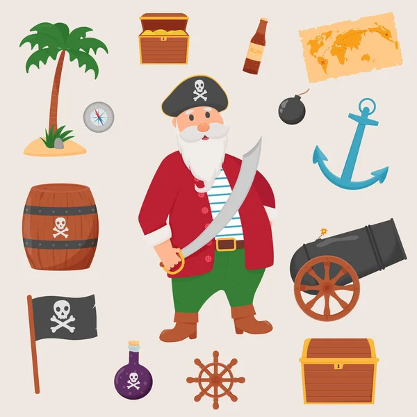 Bundle Pirate Set Isolated White Background Bundle Pirate Treasure Map — Stock Vector