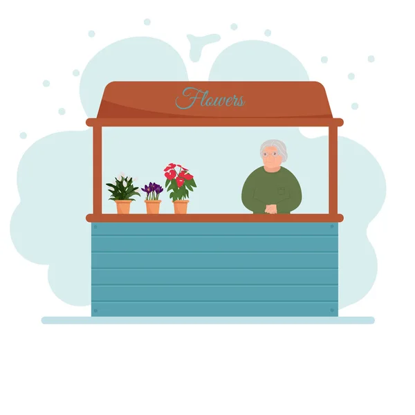 Comptoirs de décrochage. Comptoir du marché alimentaire avec des fleurs sur les étagères. Kiosque sur fond blanc — Image vectorielle