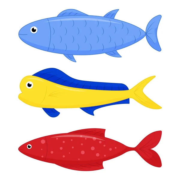 Lindo conjunto de peces marinos. Personaje de dibujos animados vectorial en el océano. Peces tropicales — Vector de stock
