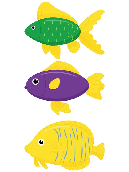 Lindo conjunto de peces marinos. Personaje de dibujos animados vectorial en el océano. Peces tropicales — Vector de stock