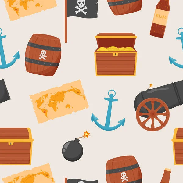 包扎海盗无缝模式。包扎海盗、藏宝图、朗姆酒、船轮、锚、桶、炸弹 — 图库矢量图片