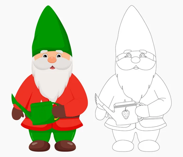 Cute garden gnome with a watering can in his hands. Gnome in color and outline. — Image vectorielle