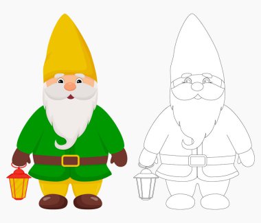 Cute garden gnome with a lantern in his hands. Gnome in color and outline.