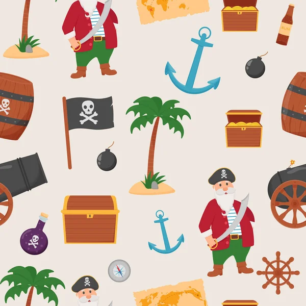 Bundle pirate seamless pattern. Bundle pirate, treasure map, rum, ship wheel, anchor, barrel, bomb — Stock Vector