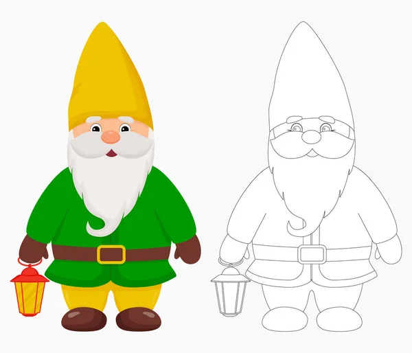 Cute garden gnome with a lantern in his hands. Gnome in color and outline. — стоковый вектор