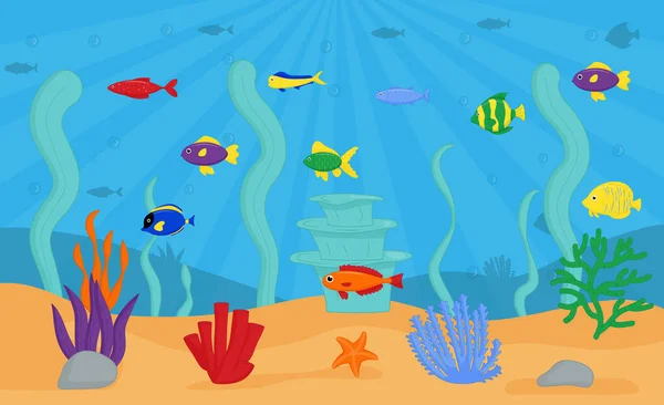 Sea underwater world. Design with fish, seaweed. — Stock Vector