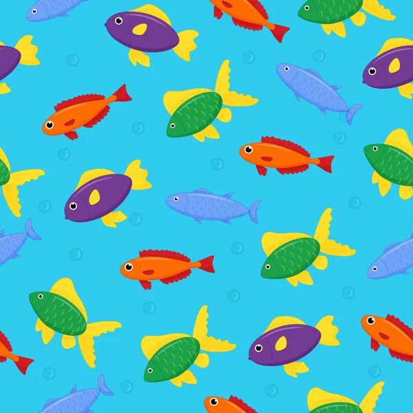 Lindo patrón inconsútil de peces marinos. Personaje de dibujos animados vectorial en el océano. Peces tropicales — Vector de stock