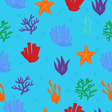 Akvaryum yosununun dikişsiz deseni. Deniz bitkileri, deniz yosunları.