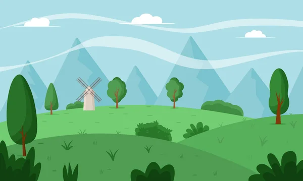 Spring Landscape Trees Mountains Windmill Flat Vector Illustration — Stock Vector