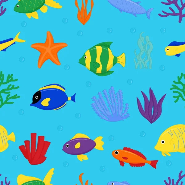 Lindo patrón inconsútil de peces marinos. Personaje de dibujos animados vectorial en el océano. Peces tropicales — Vector de stock