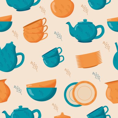 Seramik mutfak gereçleri kusursuz desen. Güzel el yapımı seramik tabaklar, kupalar, şeker kasesi, çaydanlıklar, tabaklar. Mutfak aletleri, çömlekçilik