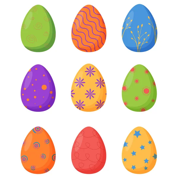 Conjunto de coloridos huevos de Pascua decorados aislados sobre un fondo blanco. Vacaciones de primavera. Felices huevos de Pascua. Celebración estacional. — Archivo Imágenes Vectoriales