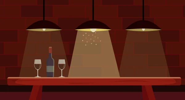 Botella de vino con copas sobre una mesa de madera — Vector de stock