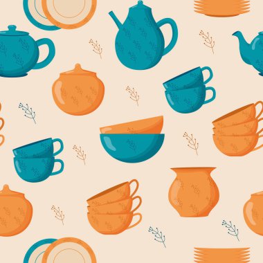 Seramik mutfak gereçleri kusursuz desen. Güzel el yapımı seramik tabaklar, kupalar, şeker kasesi, çaydanlıklar, tabaklar. Mutfak aletleri, çömlekçilik