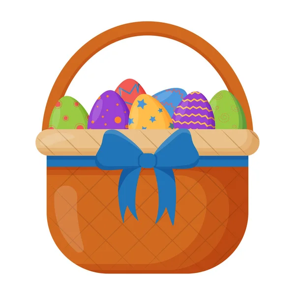 Cesta de mimbre. Cesta de mimbre con huevos de Pascua para Pascua. Accesorio de madera para almacenamiento o transporte — Vector de stock