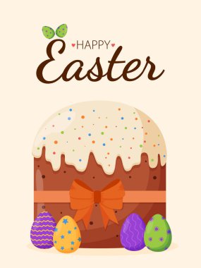 Renkli yumurtalı Paskalya pastası. Paskalya konsepti. Mutlu Paskalya afişleri, tebrik kartları, posterler, tatil kapakları.