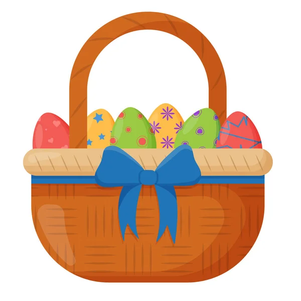 Cesta de mimbre. Cesta de mimbre con huevos de Pascua para Pascua. Accesorio de madera para almacenamiento o transporte — Vector de stock