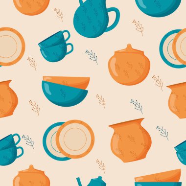 Seramik mutfak gereçleri kusursuz desen. Güzel el yapımı seramik tabaklar, kupalar, şeker kasesi, çaydanlıklar, tabaklar. Mutfak aletleri, çömlekçilik