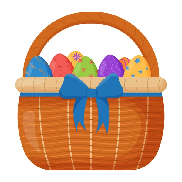 Cesta de mimbre. Cesta de mimbre con huevos de Pascua para Pascua. Accesorio de madera para almacenamiento o transporte — Vector de stock