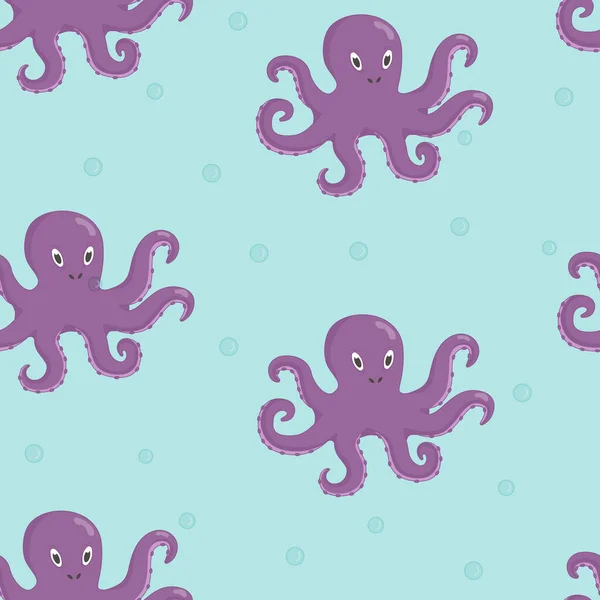 Cute gurita karakter pola mulus. Dunia bawah air. Ilustrasi vektor datar - Stok Vektor