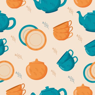 Seramik mutfak gereçleri kusursuz desen. Güzel el yapımı seramik tabaklar, kupalar, şeker kasesi, çaydanlıklar, tabaklar. Mutfak aletleri, çömlekçilik