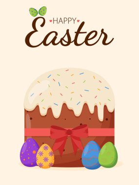 Renkli yumurtalı Paskalya pastası. Paskalya konsepti. Mutlu Paskalya afişleri, tebrik kartları, posterler, tatil kapakları.