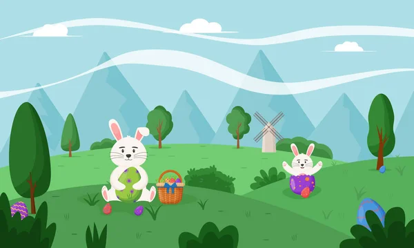 Feliz Páscoa, paisagem primavera com bonito coelho da Páscoa. Ovos de Páscoa felizes. Bandeiras de Páscoa felizes, cartões de saudação, cartazes, capas de férias. — Vetor de Stock