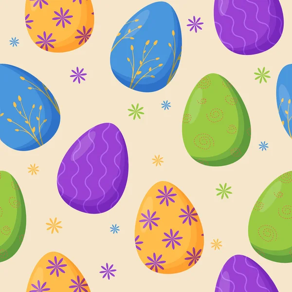 Coloré décoré oeufs de Pâques motif sans couture. Vacances de printemps. Joyeux oeufs de Pâques. Célébration saisonnière. — Image vectorielle