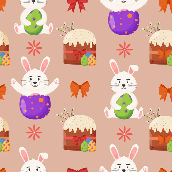 Renkli yumurtalı Paskalya pastası ve paskalya tavşanı pürüzsüz desenli. Bahar tatili. Mutlu Paskalya yumurtaları. Mevsimlik kutlama. — Stok Vektör