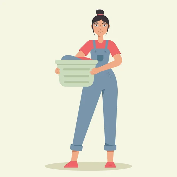 Uma Mulher Feliz Lavar Roupa Mulher Segurando Backet Com Roupas —  Vetores de Stock