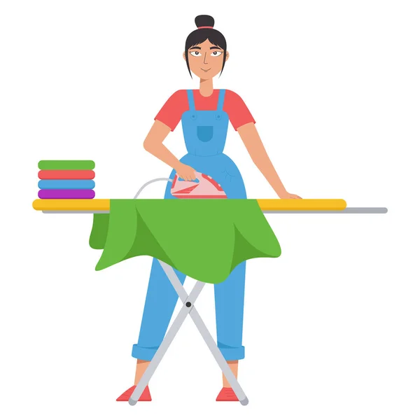 Jeune Femme Ménage Repassage Des Vêtements Sur Une Planche Repasser — Image vectorielle