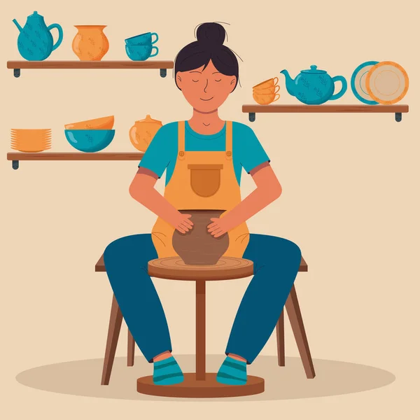 Žena Vyrábějící Keramiku Hrnčířském Kole Pottery Workshop Keramický Koníček Keramický — Stockový vektor