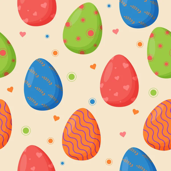 Ovos de Páscoa coloridos decorados sem costura padrão. Férias. Ovos de Páscoa felizes. Celebração sazonal. — Vetor de Stock