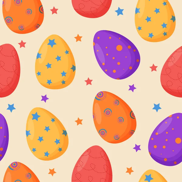 Ovos de Páscoa coloridos decorados sem costura padrão. Férias. Ovos de Páscoa felizes. Celebração sazonal. — Vetor de Stock