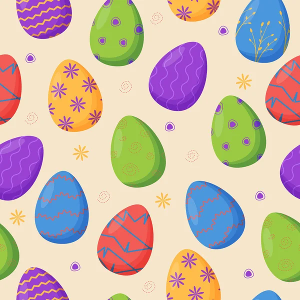 Coloridos huevos de Pascua decorados patrón sin costura. Vacaciones de primavera. Felices huevos de Pascua. Celebración estacional. — Vector de stock