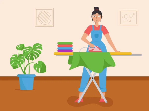 Jeune femme de ménage, repassage des vêtements sur une planche à repasser. Le concept de service de ménage. Services d'entreprise de nettoyage — Image vectorielle