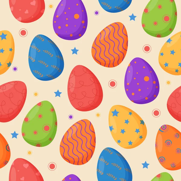 Coloridos huevos de Pascua decorados patrón sin costura. Vacaciones de primavera. Felices huevos de Pascua. Celebración estacional. — Vector de stock