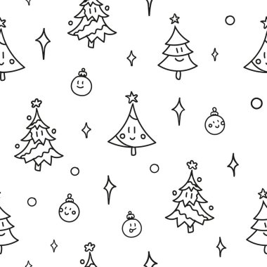 Noel ağaçlarıyla kusursuz bir geçmişi var. Beyaz arka planda siyah çizgili çizgi film ağaçları ve topları. Vektör illüstrasyonu