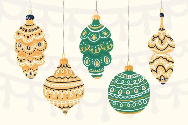 Set kerstboomversieringen. Met de hand getekend kerstvakantie bont speelgoed, ballen en kegels. Vectorillustratie. — Stockvector