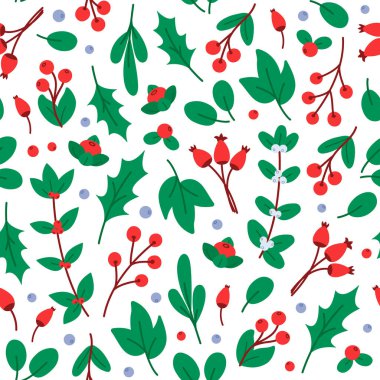 Orman bitkileri pürüzsüz desen. Yeşil yapraklar ve kırmızı yaban mersini böğürtlen deseni, gül kalçası, kar çileği ve çobanpüskülü beyaz arka planda. Noel tasarımı. Düz bir şekilde vektör illüstrasyonu.