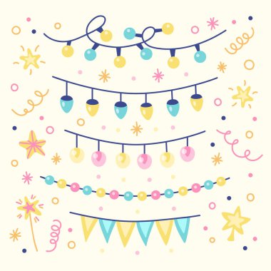 Renkli ışık çelenkleri, bayraklar, yıldızlar ve süslemeler. Şenlik dekorasyonu için çok renkli ampuller. Vektör illüstrasyonu. 