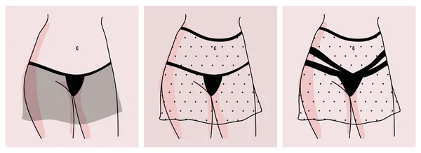 Abstract minimalistic female figure in panties with transparent skirt. Silhouette of the legs, hips and waist of a woman. Set of images of the female body in underwear. Vector illustration. — Stok Vektör