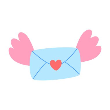 Sevgililer Günü için kanatlı zarf. Uçan bir aşk mektubunun güzel bir çizimi. Düz bir şekilde vektör illüstrasyonu. 