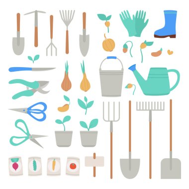Bahçe aletleri seti. Tohum ve bitki yetiştirmek için çeşitli tarım araçları. Kürek, tırmık, su kovası, eldiven, bot, tohum, ampul, budama, filizlenme. Düz bir şekilde vektör illüstrasyonu.